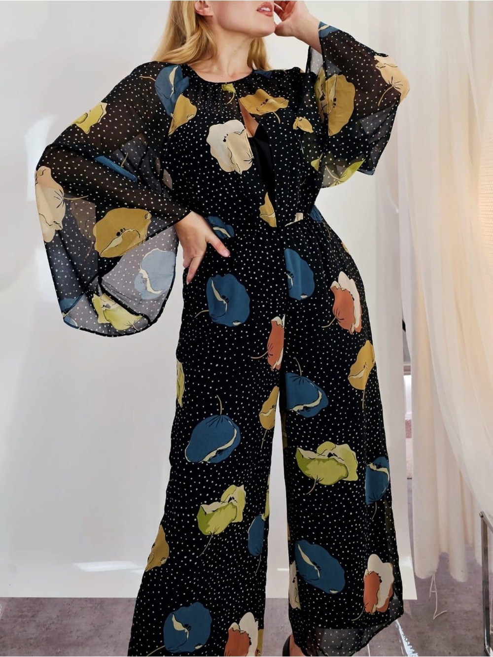 ZARA | Women’s Black Floral Wide-Leg Jumpsuit